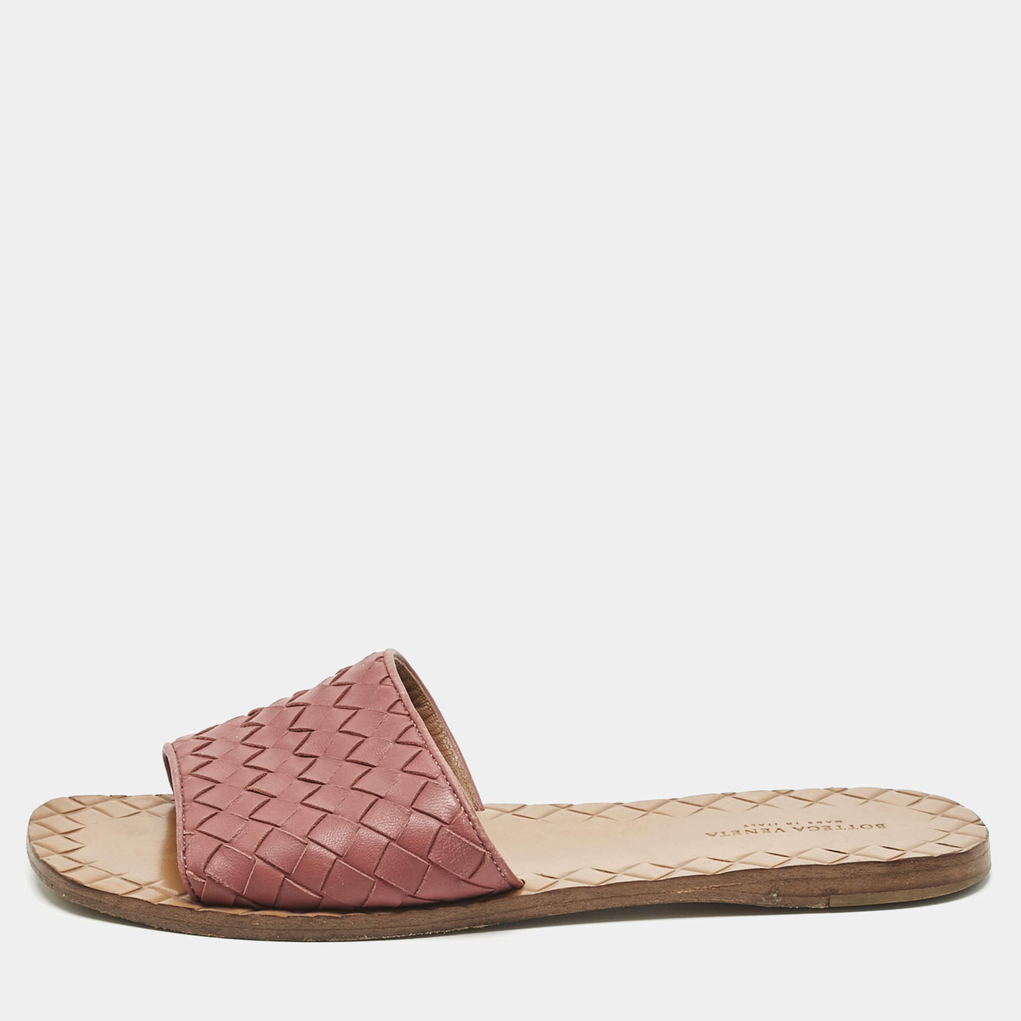 Pre Owned Bottega Veneta Pink Intrecciato Leather Flat Slides Size 36