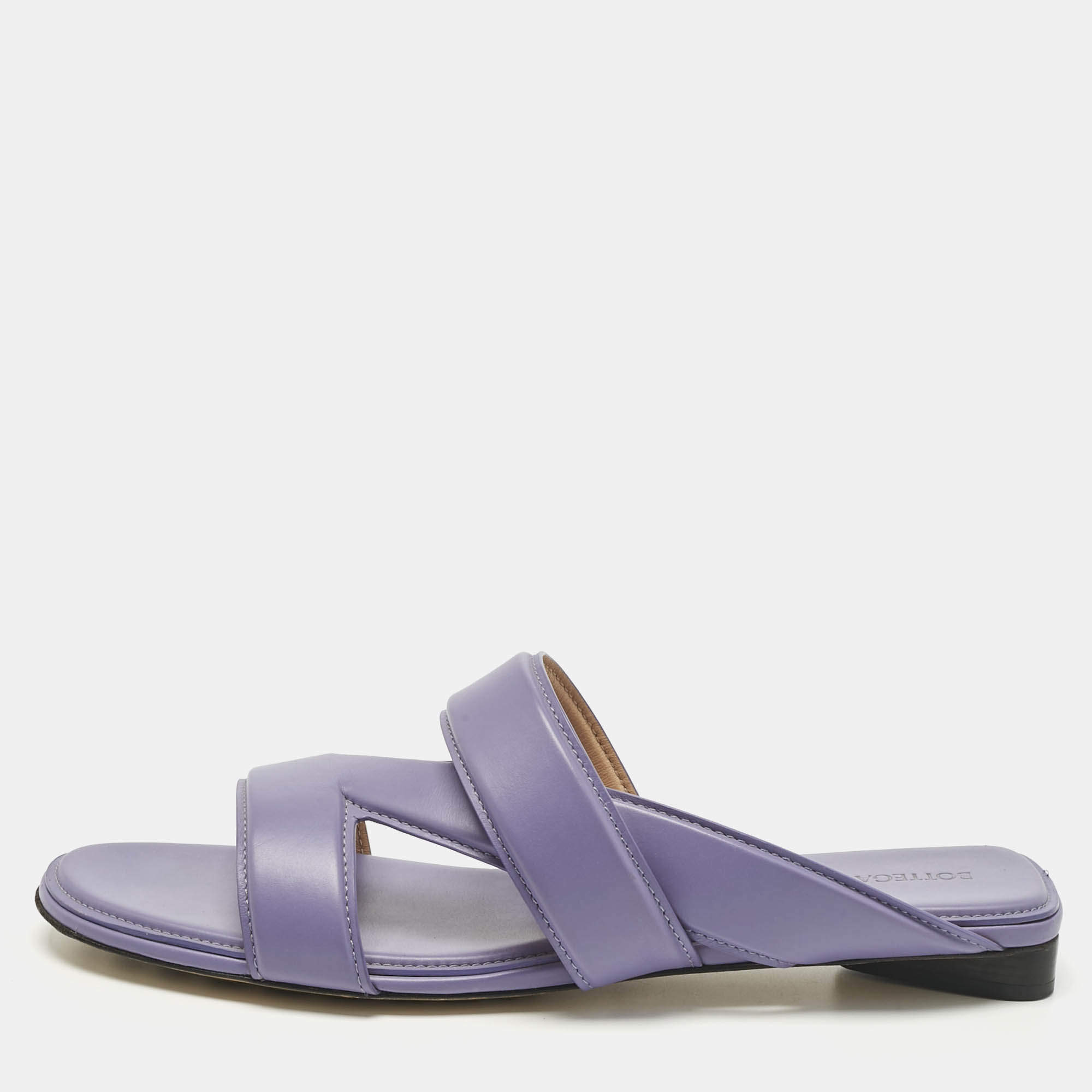 Pre Owned Bottega Veneta Purple Leather The Band Flat Slide Size 39