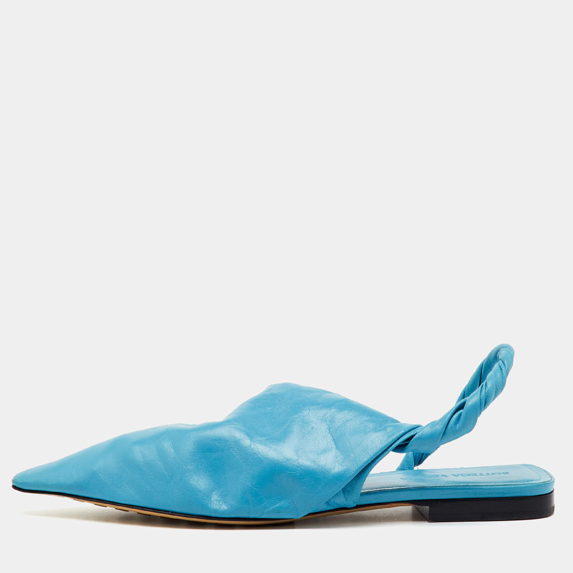 Pre Owned Bottega Veneta Blue Leather Pointed Toe Twist Slingback Flats Size 37.5