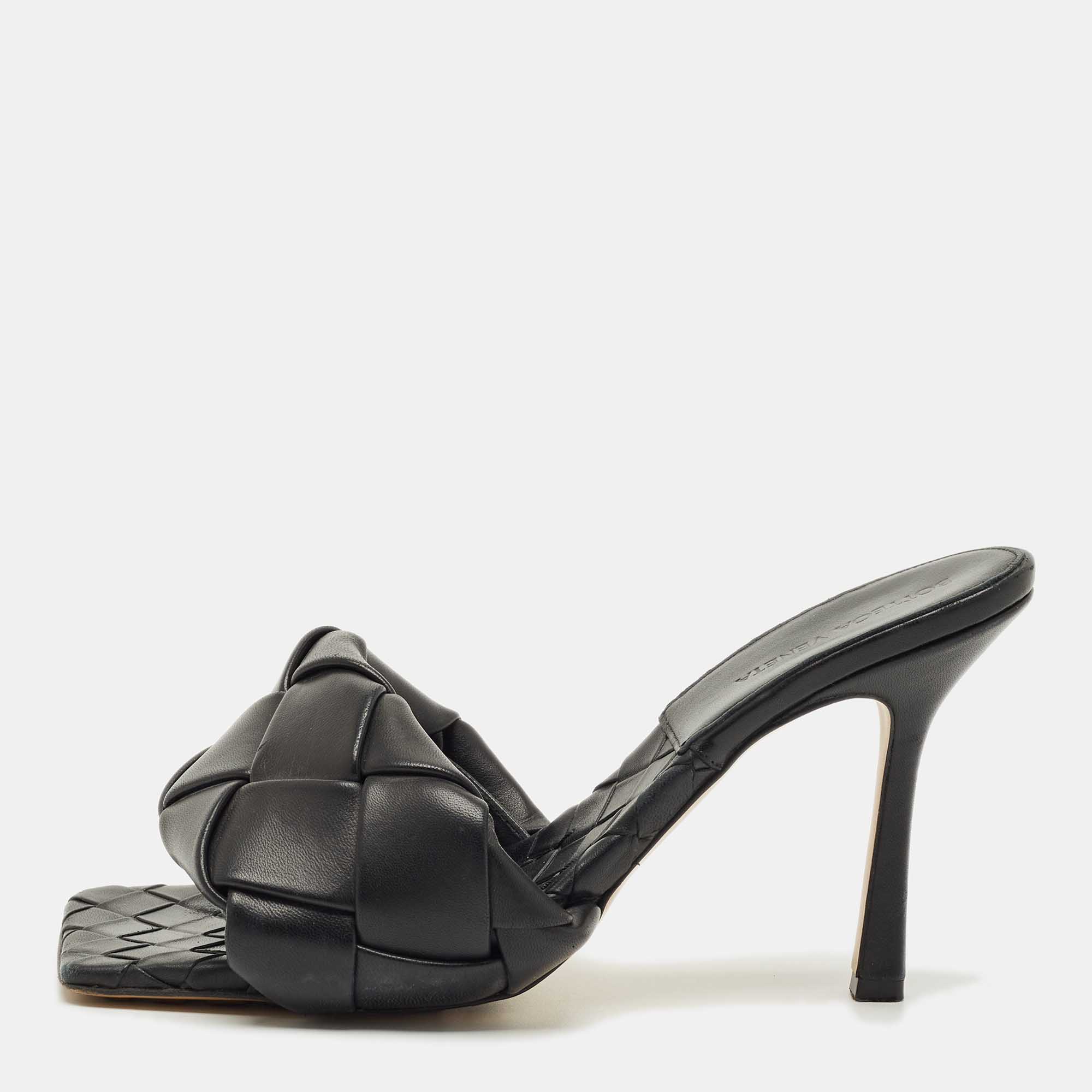 Pre Owned Bottega Veneta Black intrecciato Leather Lido Slide Sandals Size 40