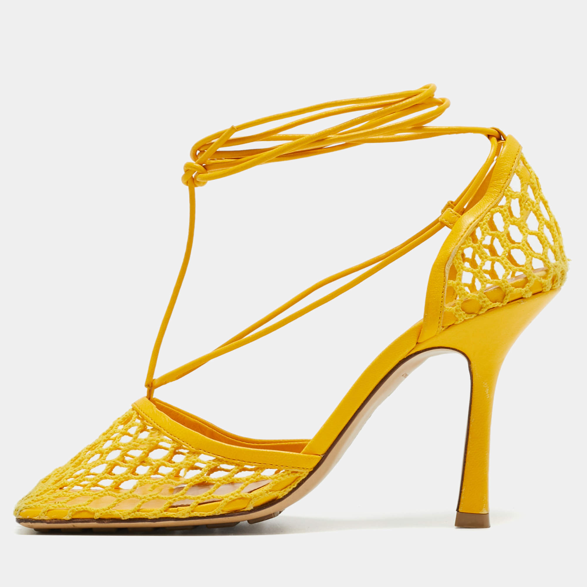 Pre Owned Bottega Veneta Yellow Leather And Mesh Ankle Wrap Pumps Size 37