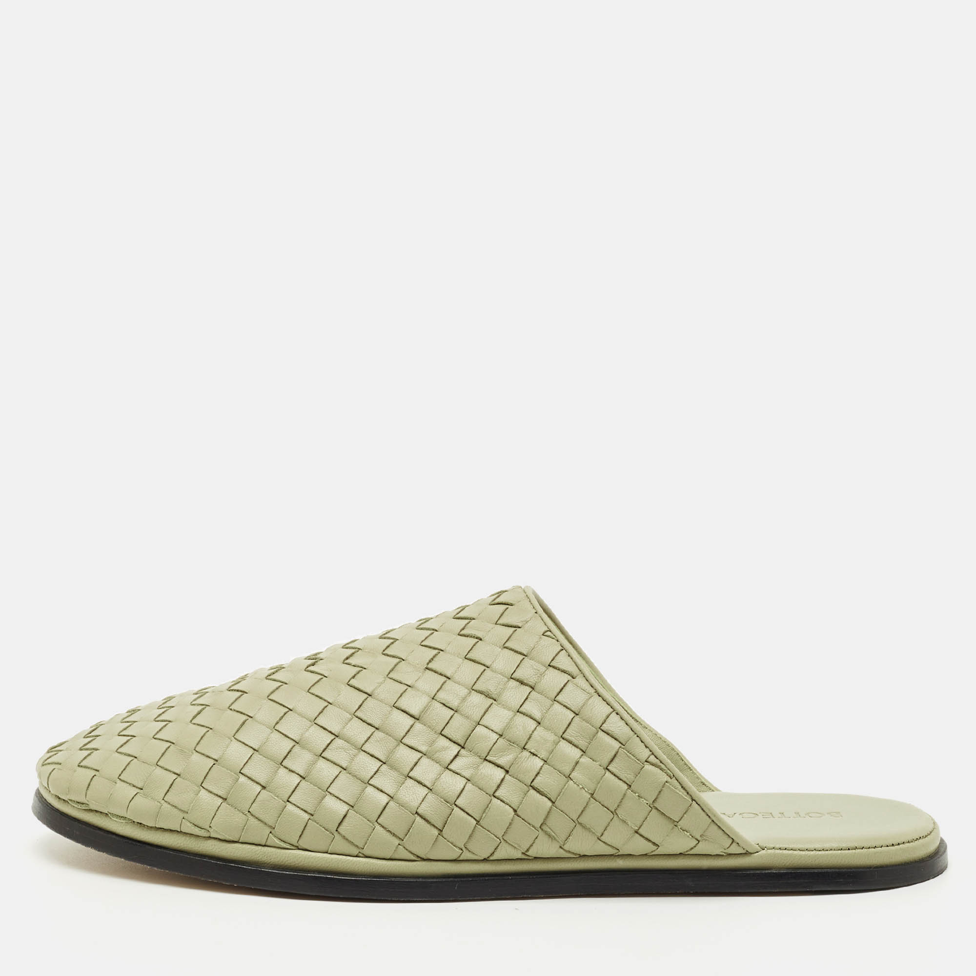 Pre Owned Bottega Veneta Green Leather Intrecciato Flat Mules Size 41