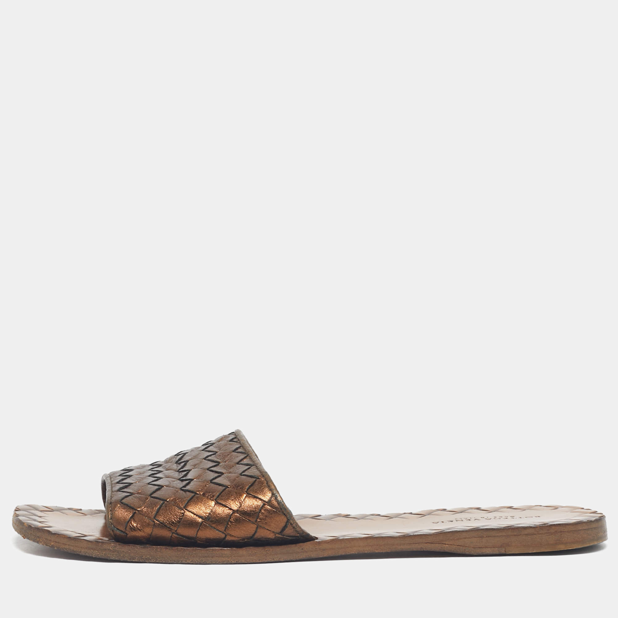 Pre Owned Bottega Veneta Metallic Bronze Leather Intrecciato Slide Flats Size 36.5