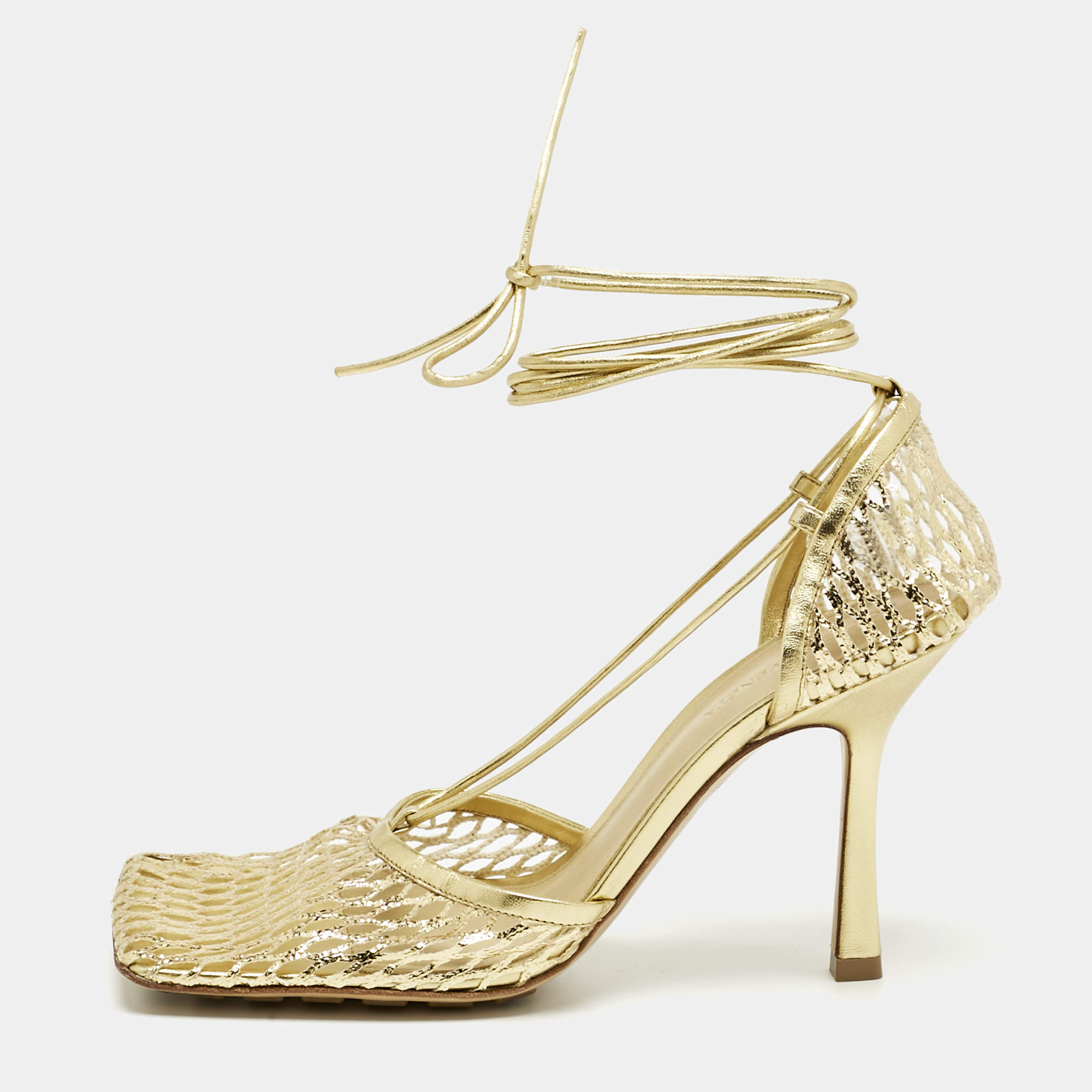 Pre Owned Bottega Veneta Gold Knit Fabric and Leather Stretch Wrap Pumps Size 39