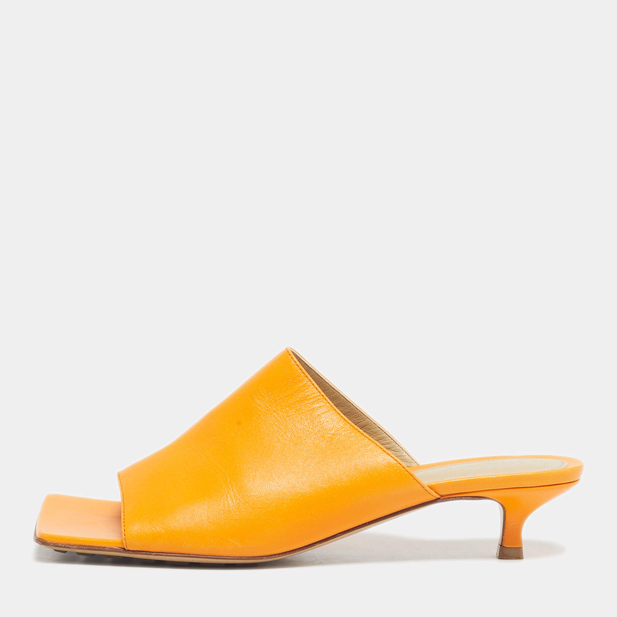 Pre Owned Bottega Veneta Orange Leather Square Toe Mule Sandals Size 36.5
