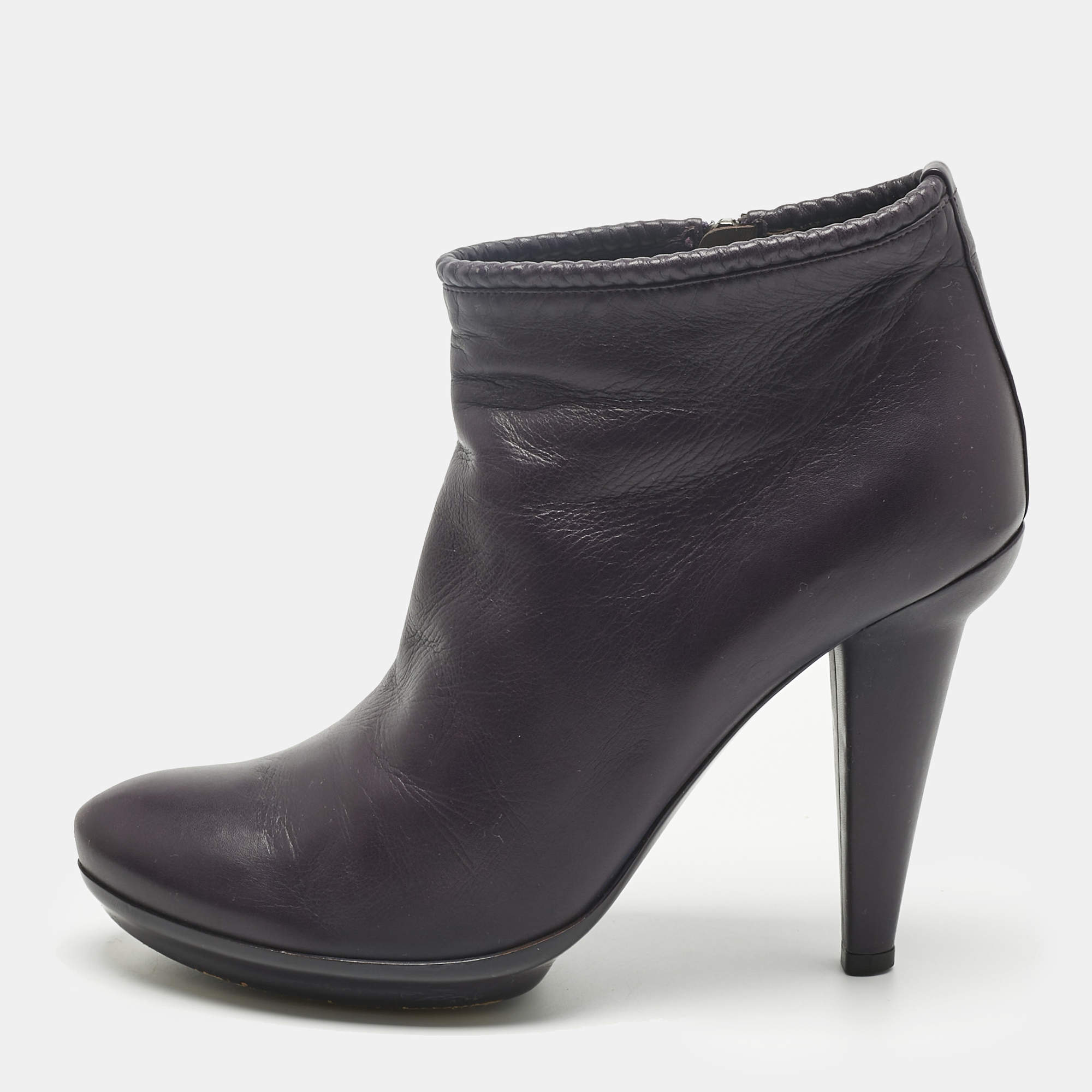 Pre Owned Bottega Veneta Purple Leather Ankle Length Boots Size 39.5