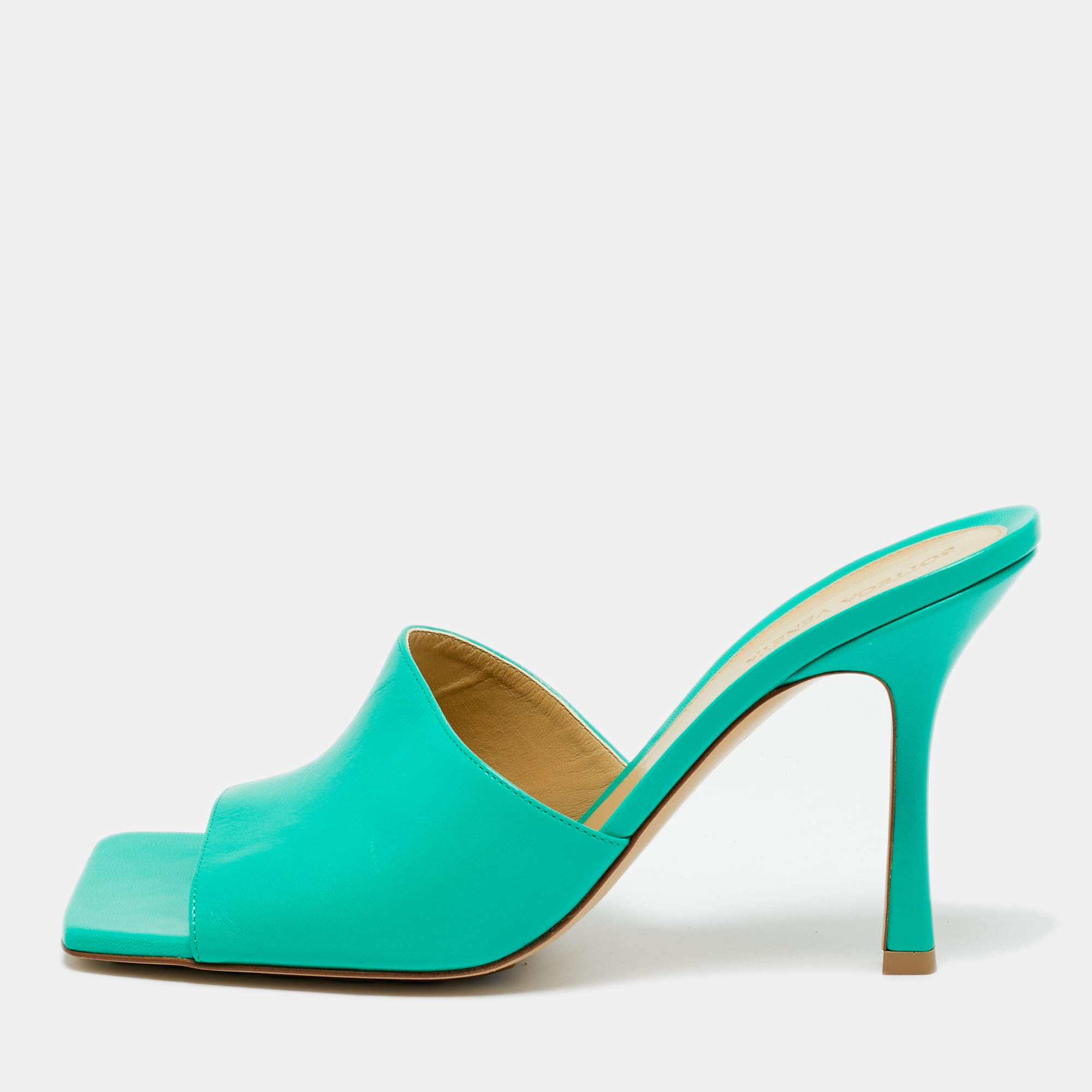 Pre Owned Bottega Veneta Green Leather Strech Slide Sandals Size 41