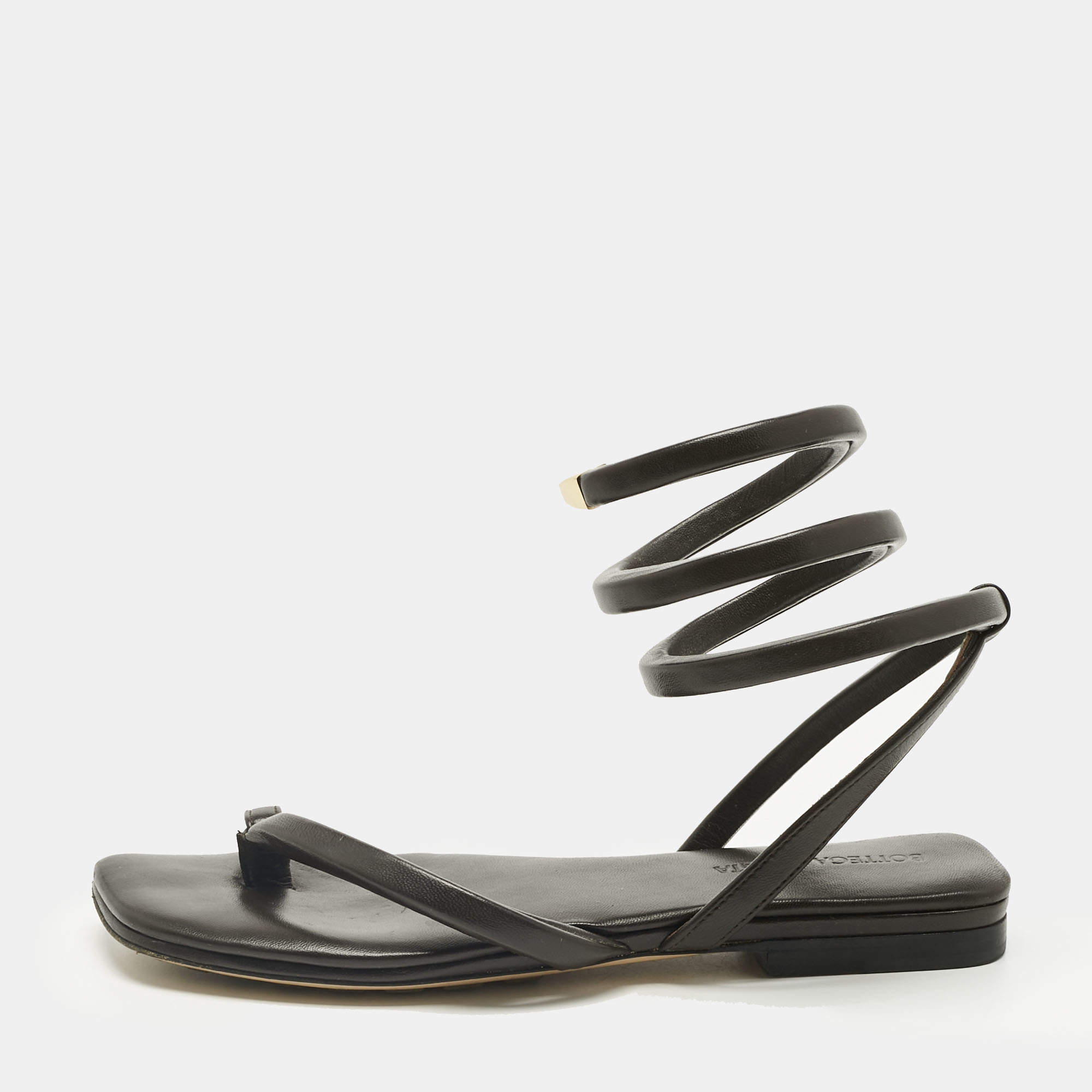 Pre Owned Bottega Veneta Dark Brown Leather Spiral Flat Sandals Size 37