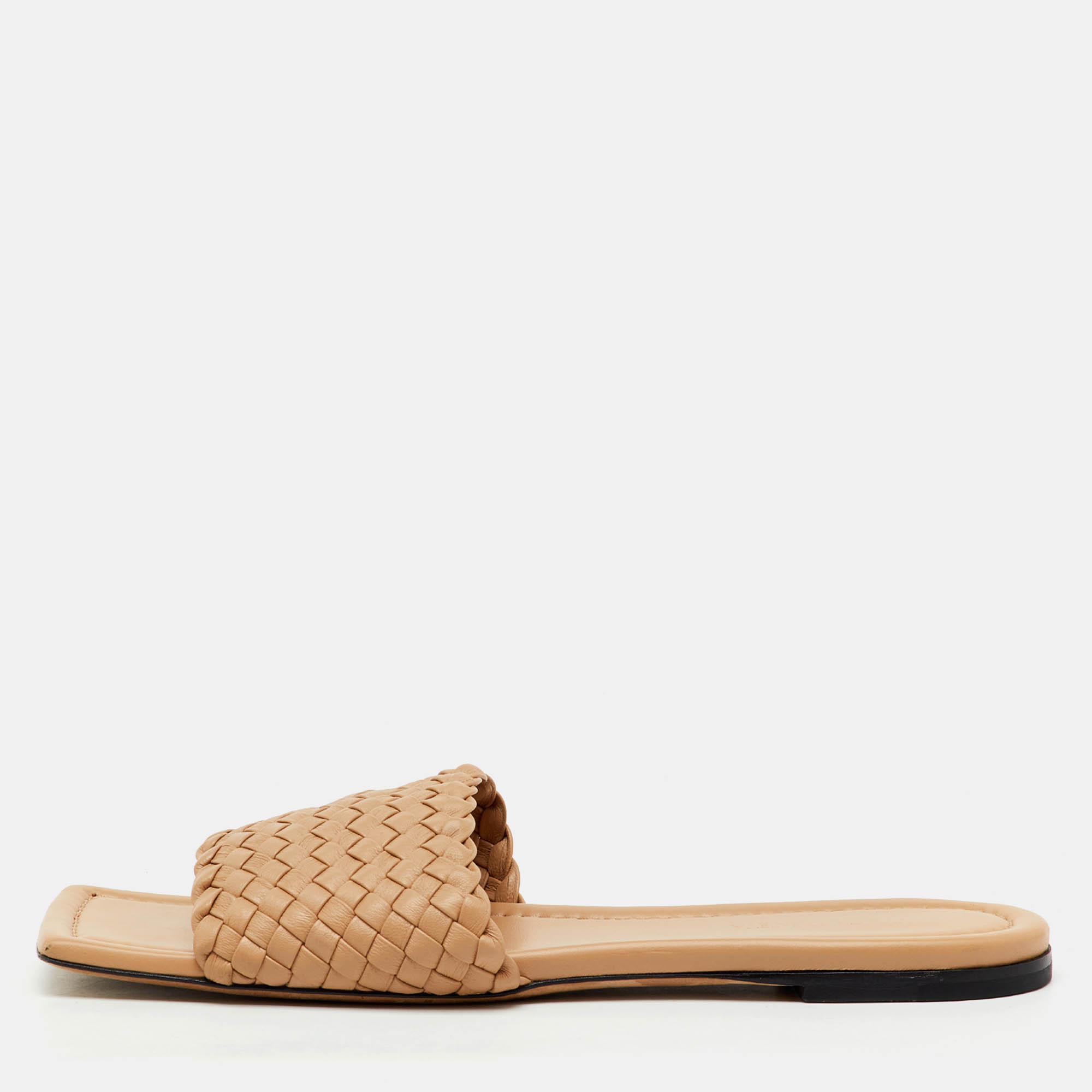 Pre Owned Bottega Veneta Beige Intrecciato Leather Flat Slide Sandals Size 41