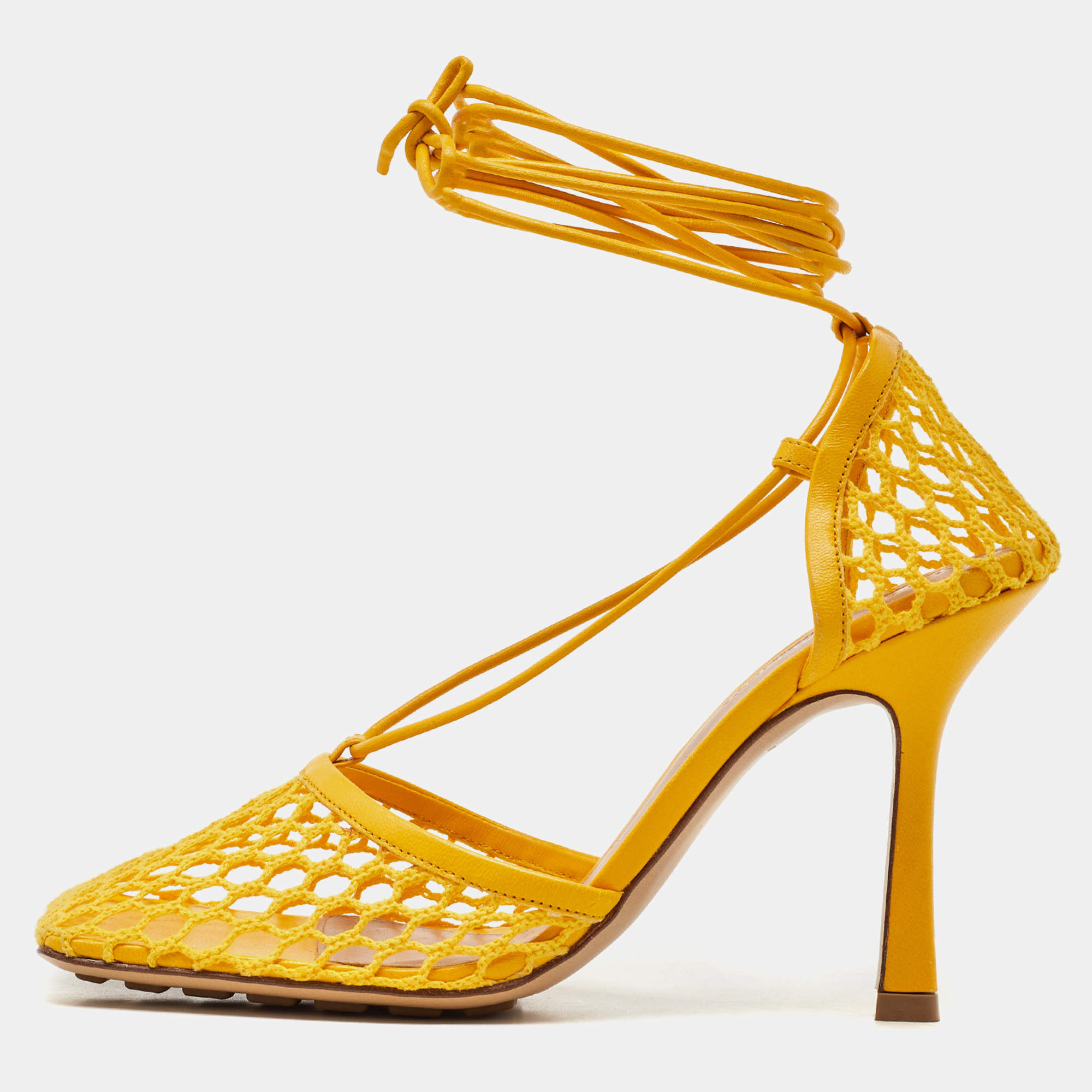 Pre Owned Bottega Veneta Yellow Leather and Mesh Stretch Ankle Tie Up Sandals Size 36