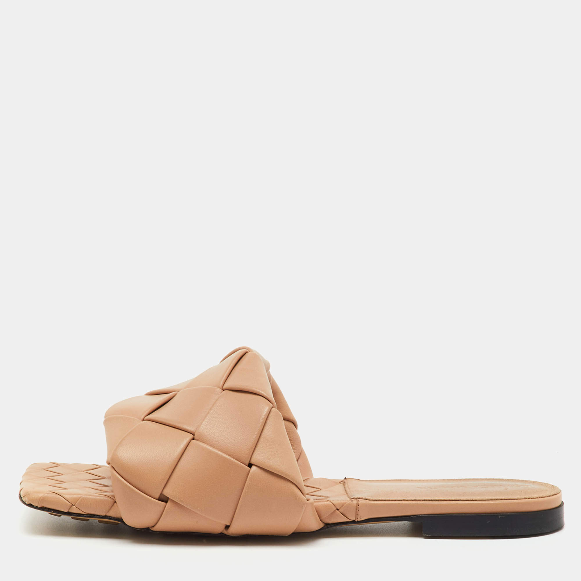 Pre Owned Bottega Veneta Beige Intrecciato Leather Lido Flat Sandals Size 40