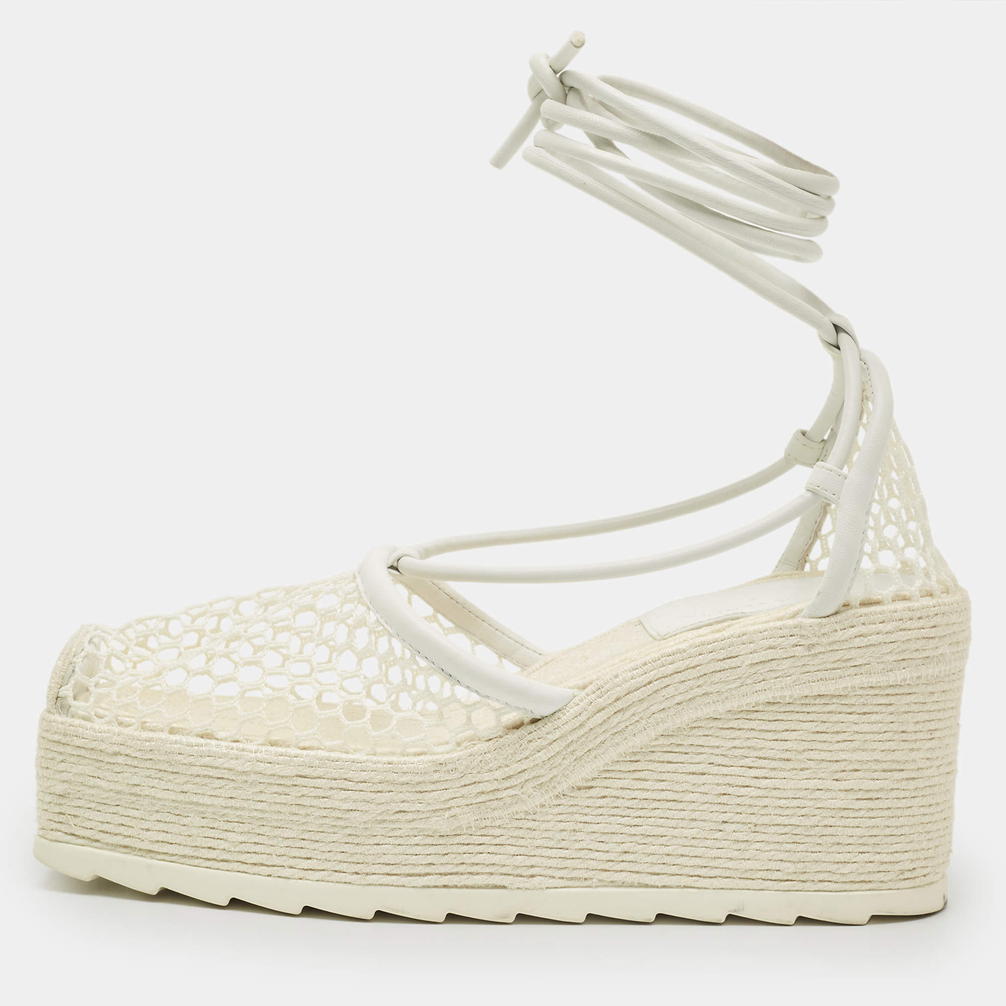 Pre Owned Bottega Veneta White Mesh and Leather Sporty Web Wedge Espadrille Sandals Size 39