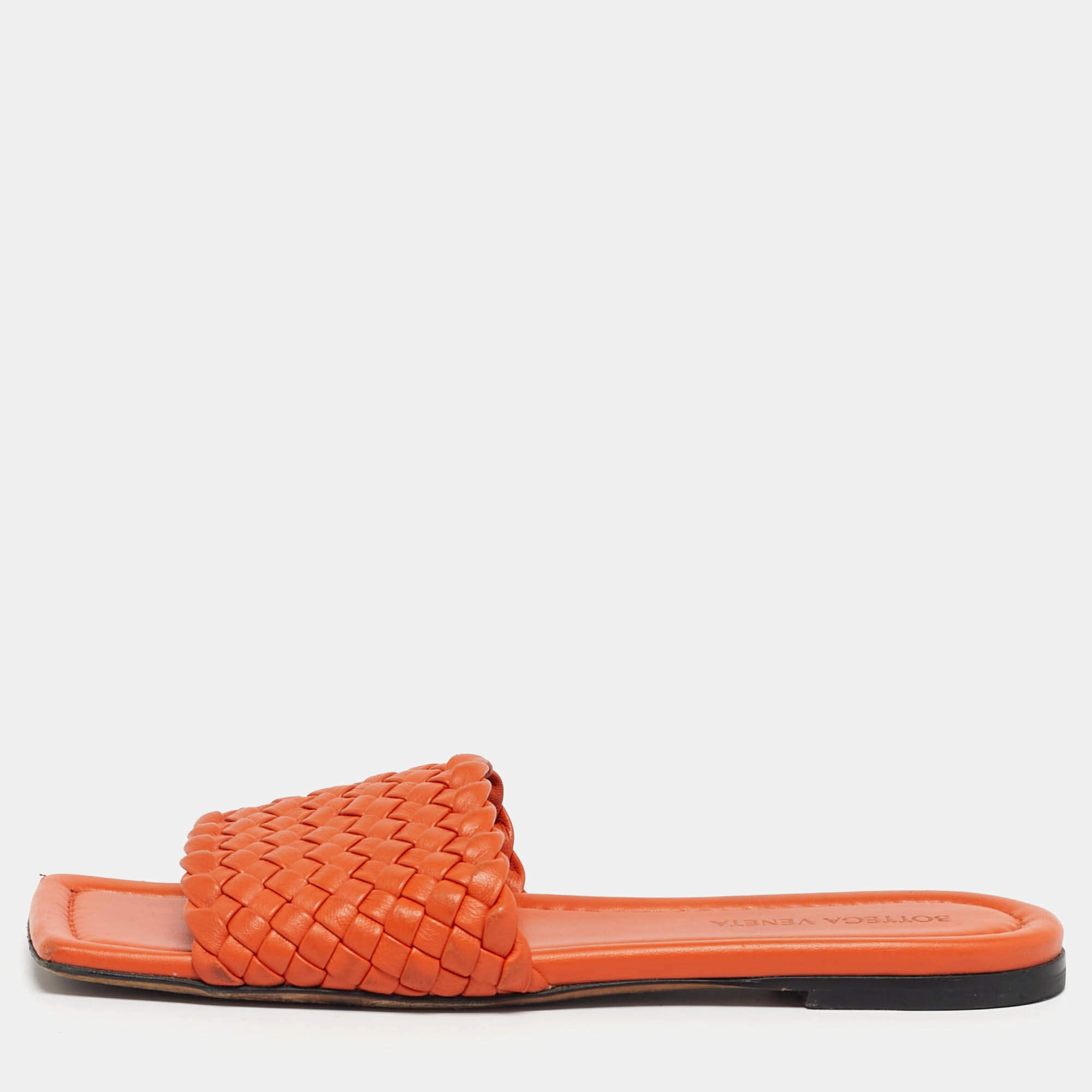 Pre Owned Bottega Veneta Orange Intrecciato Leather Flat Sandals Size 37