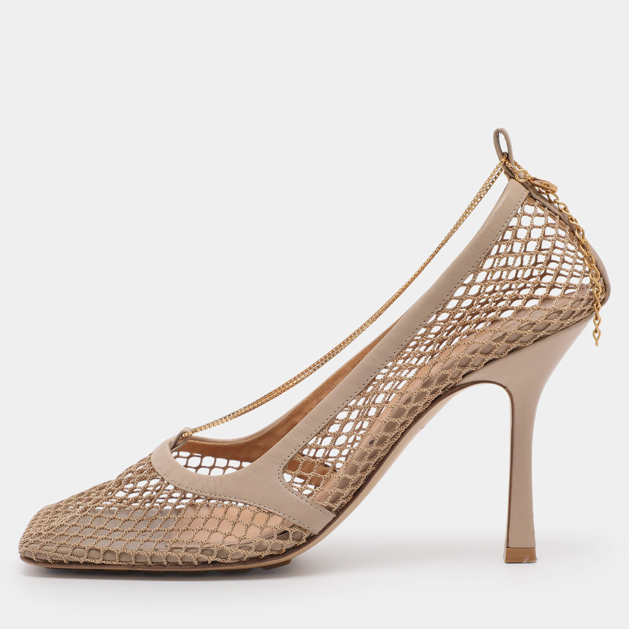 Pre Owned Bottega Veneta Beige Mesh and Leather Stretch Pumps Size 40.5