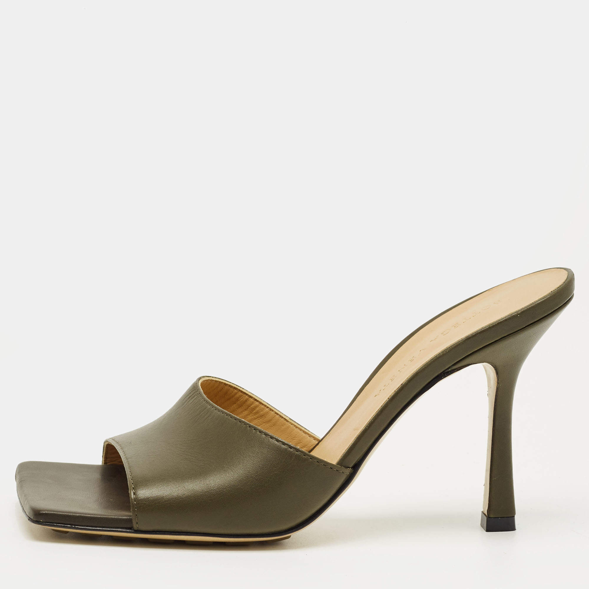 Pre Owned Bottega Veneta Olive Green Leather Lido Slide Sandals Size 36.5