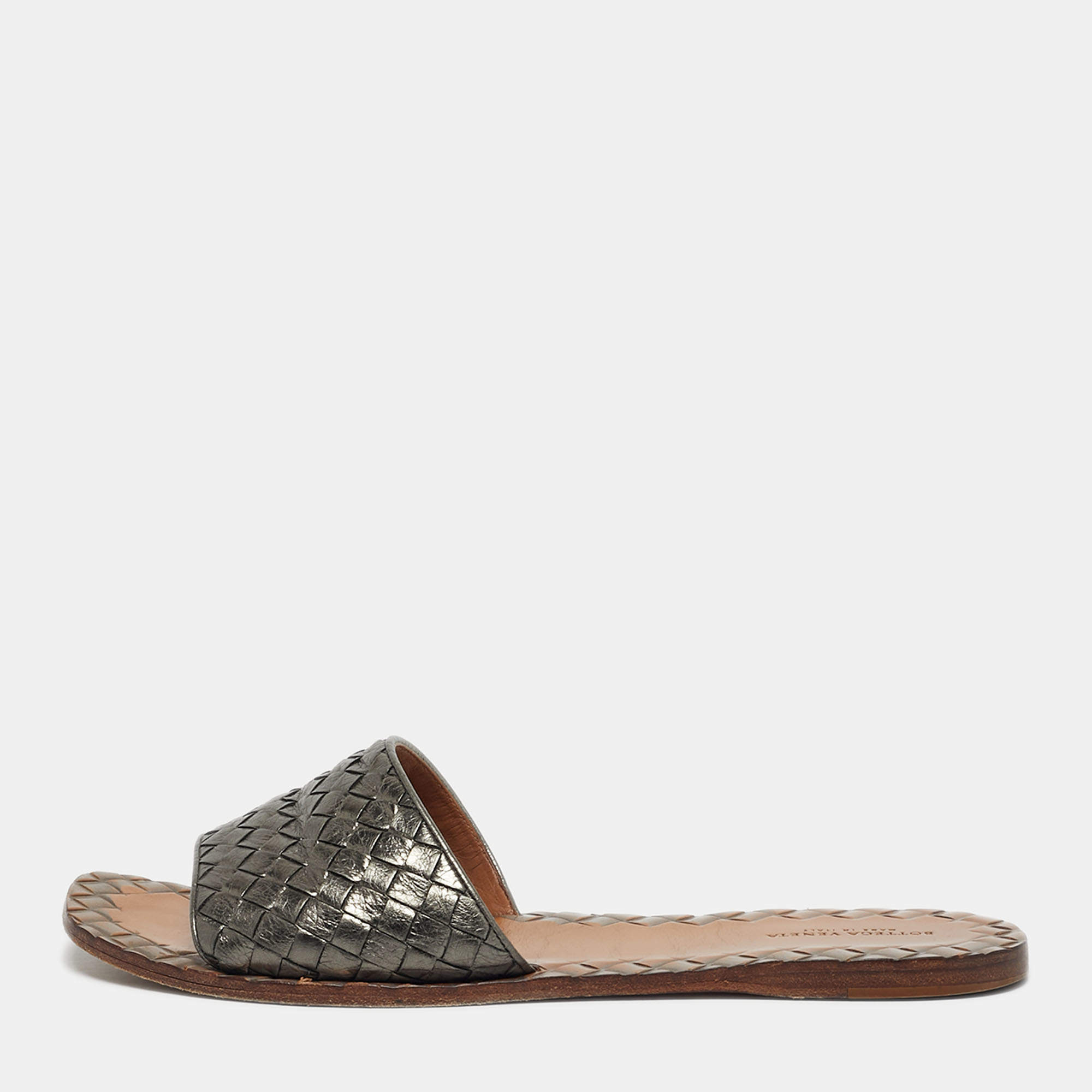 Pre Owned Bottega Veneta Metallic Intrecciato Leather Ravello Flat Slides Size 40