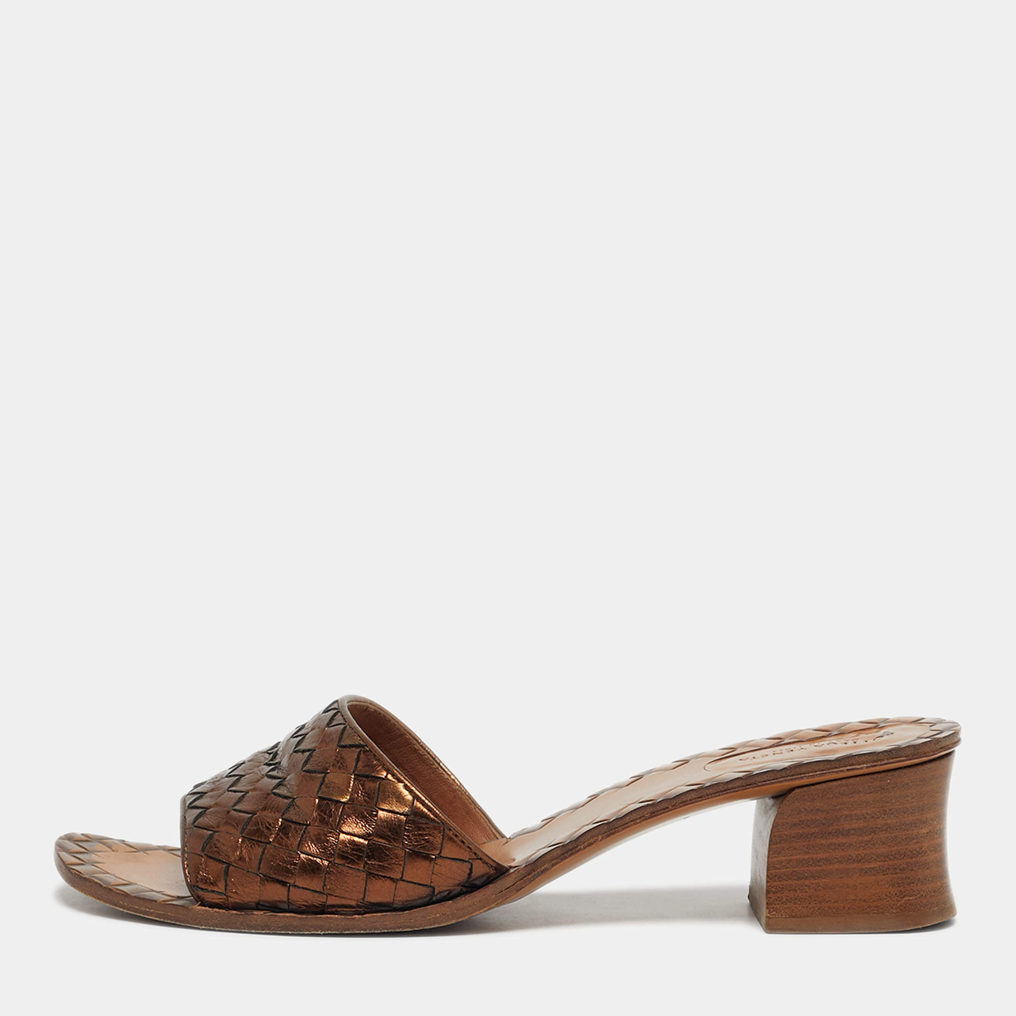 Pre Owned Bottega Veneta Bronze Intrecciato Leather Ravello Slide Sandals Size 41