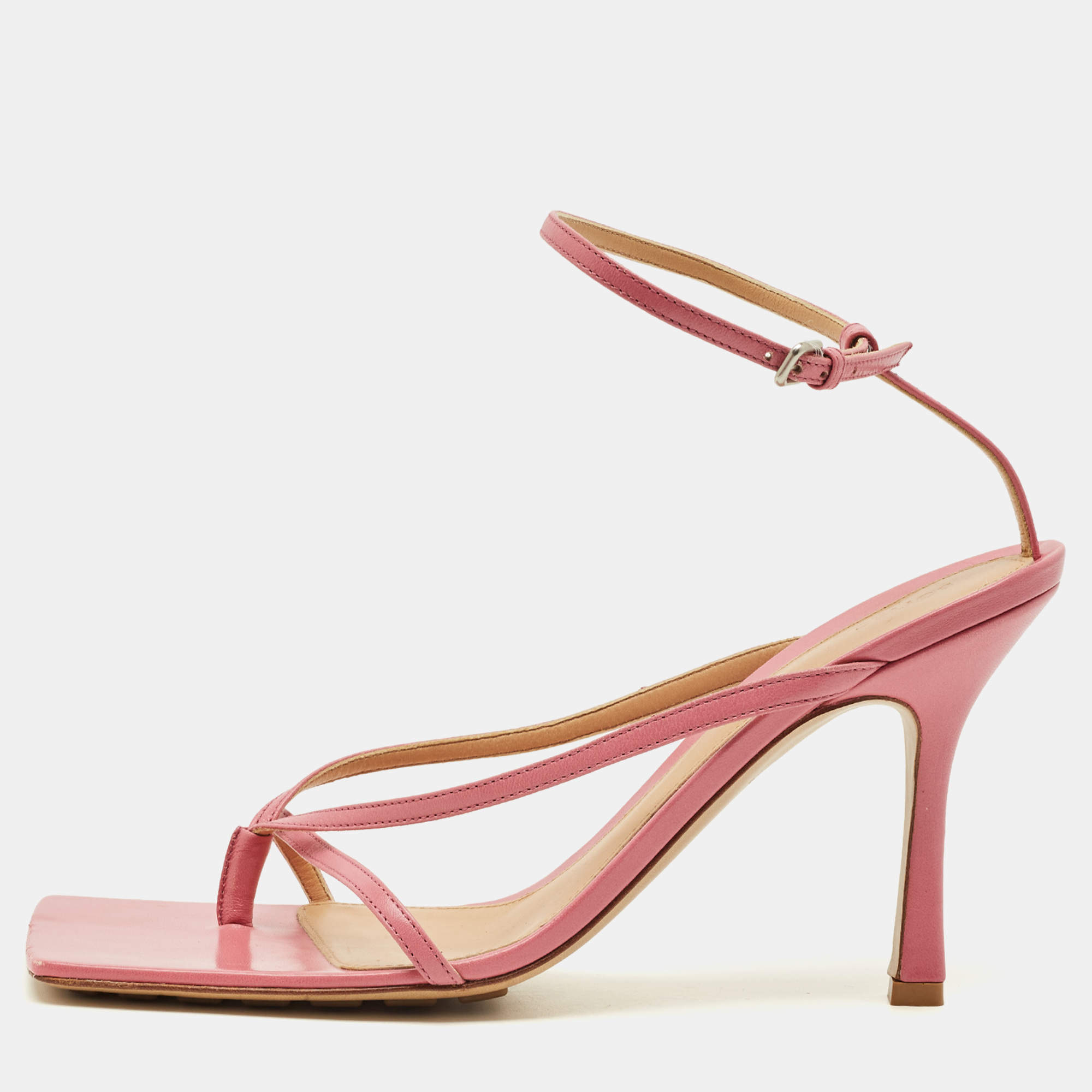 Pre Owned Bottega Veneta Stretch Size 40.5 Pink Leather Ankle Strap Sandals