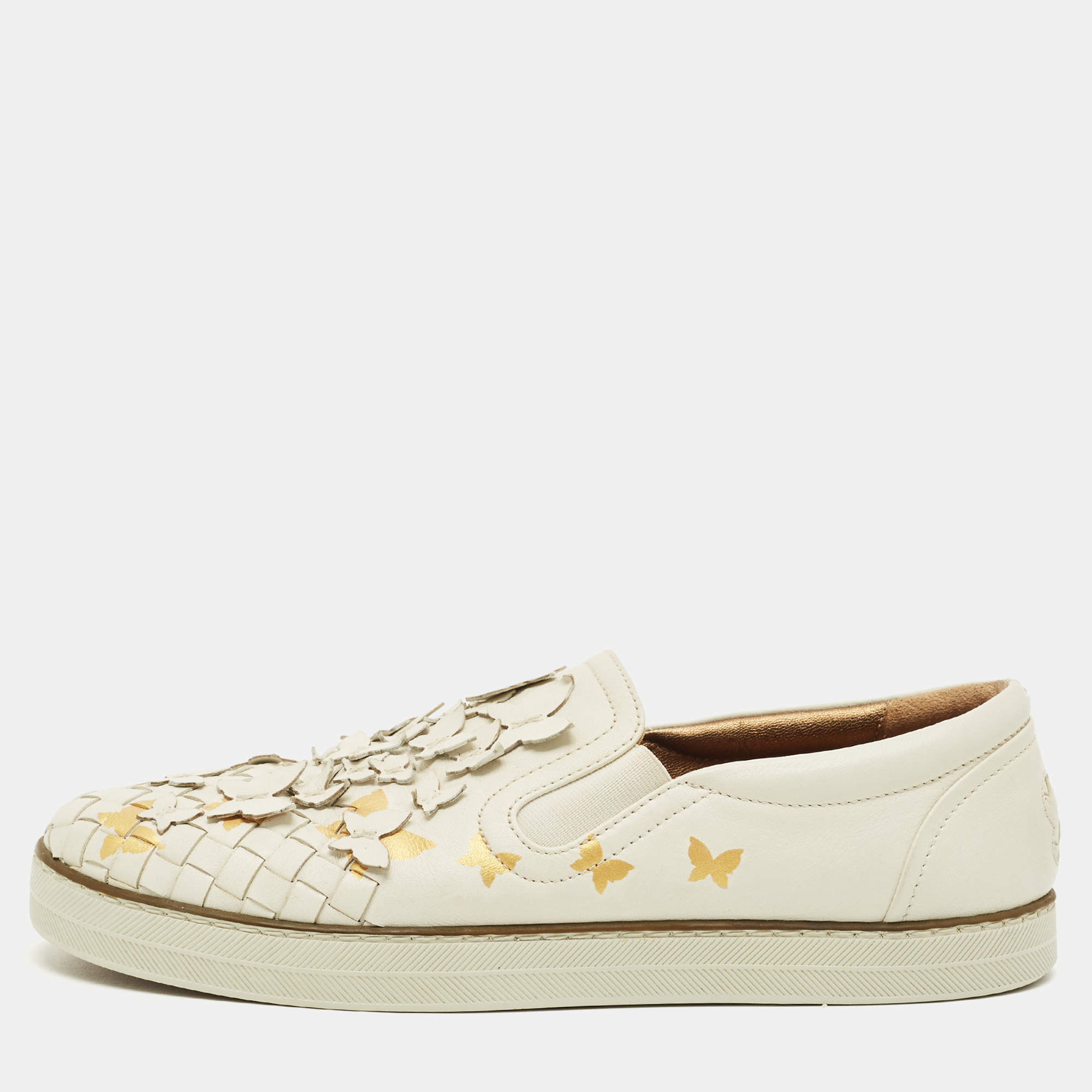Pre Owned Bottega Veneta Size 37 White Intrecciato Leather Butterfly Embellished Slip On Sneakers