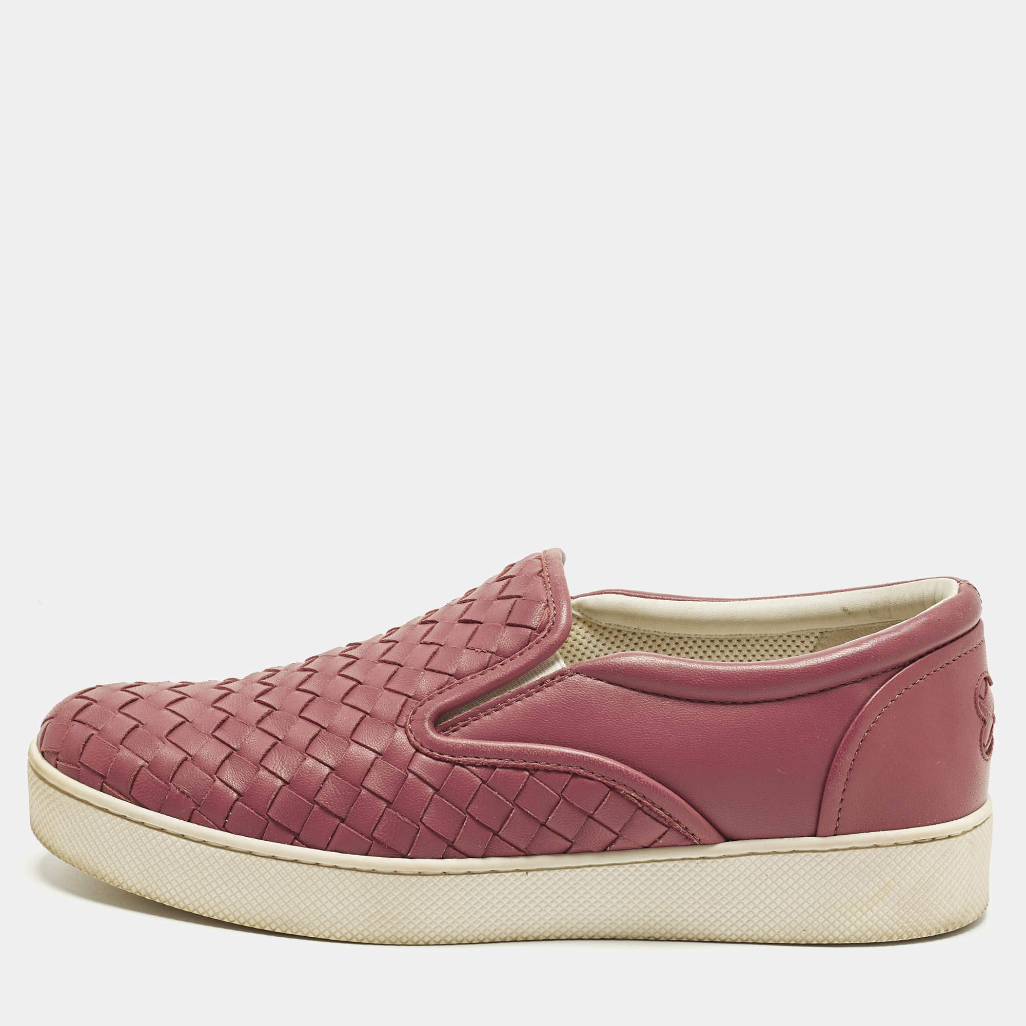 Pre Owned Bottega Veneta Size 37.5 Pink Intrecciato Leather Slip On Sneakers