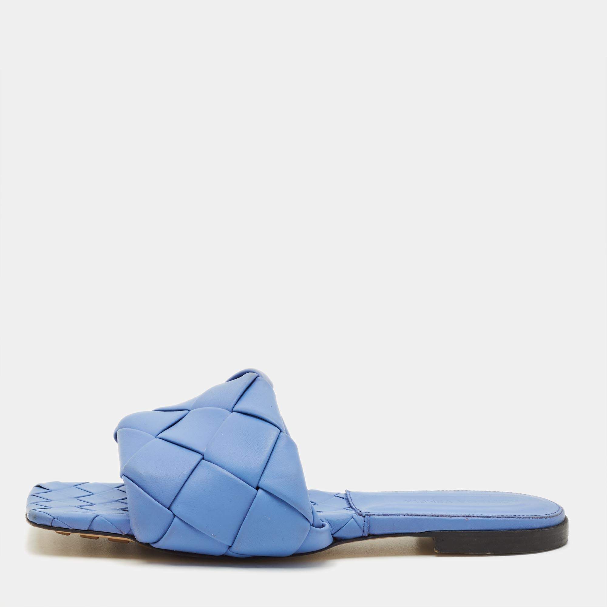مملوكة مسبقًا Bottega Veneta Lido Size 39 Blue Intrecciato Leather Flat Slide