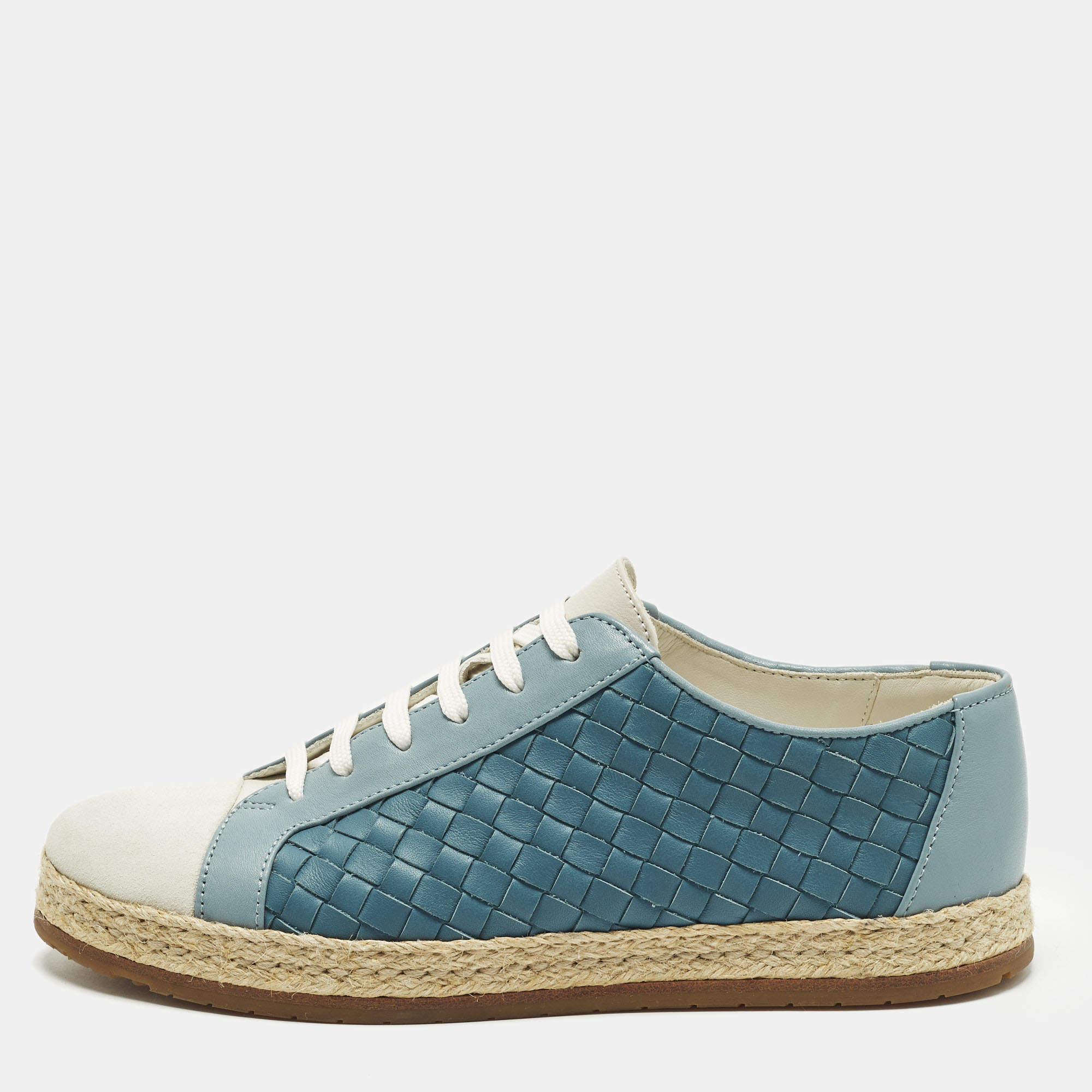 Pre Owned Bottega Veneta Size 37.5 Blue/Grey Intrecciato Leather and Suede Lace Up Sneakers
