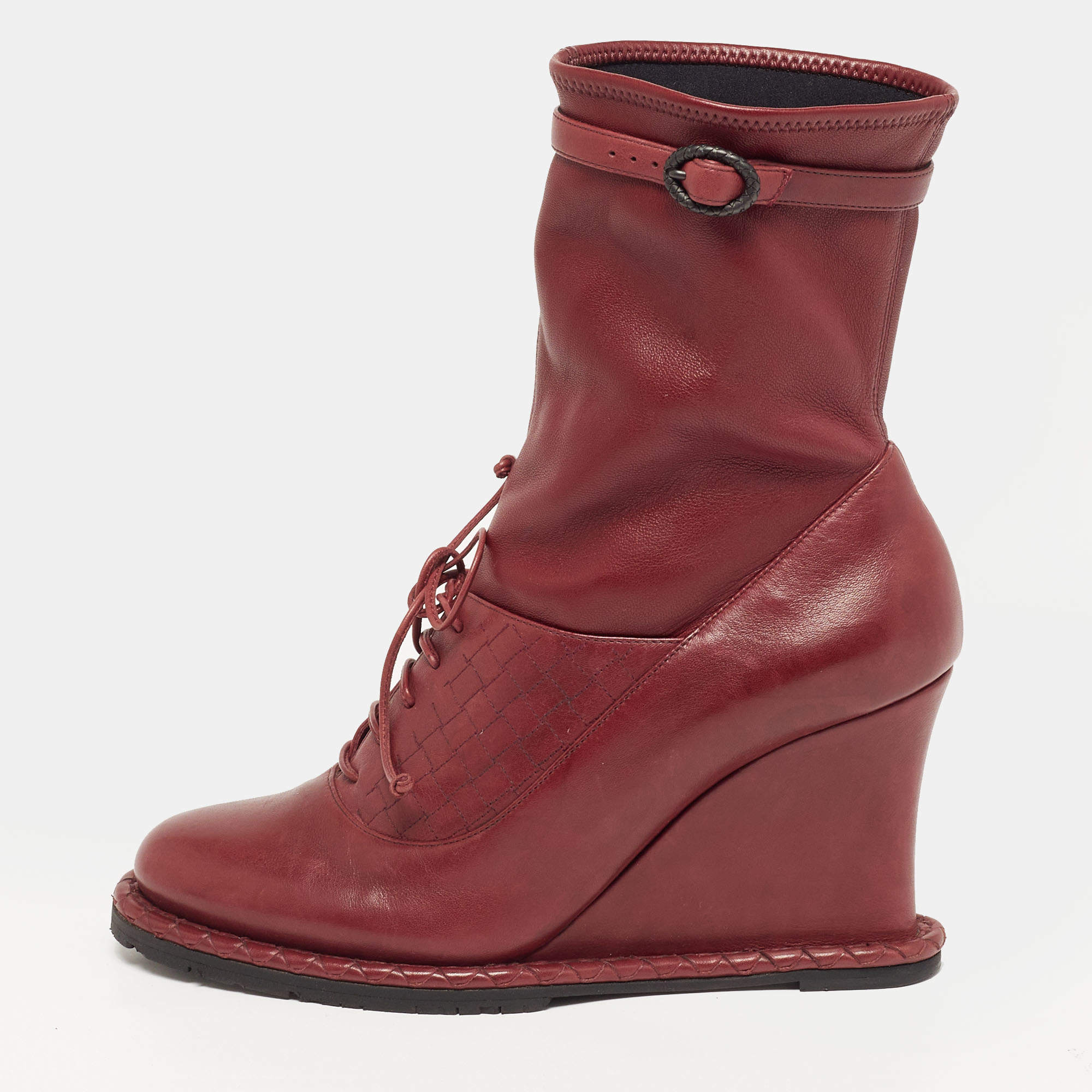 مملوكة مسبقًا Bottega Veneta Veneta Size 38 Burgundy Leather Wedge Ankle Length Boots