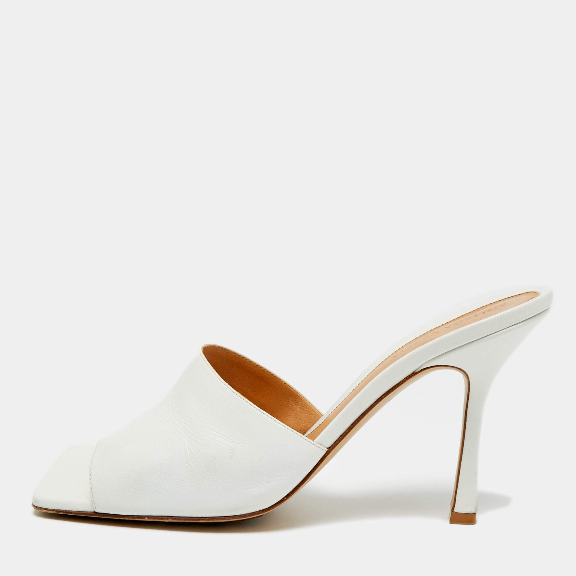 Pre Owned Bottega Veneta Strech Size 41 White Leather Slide Sandals