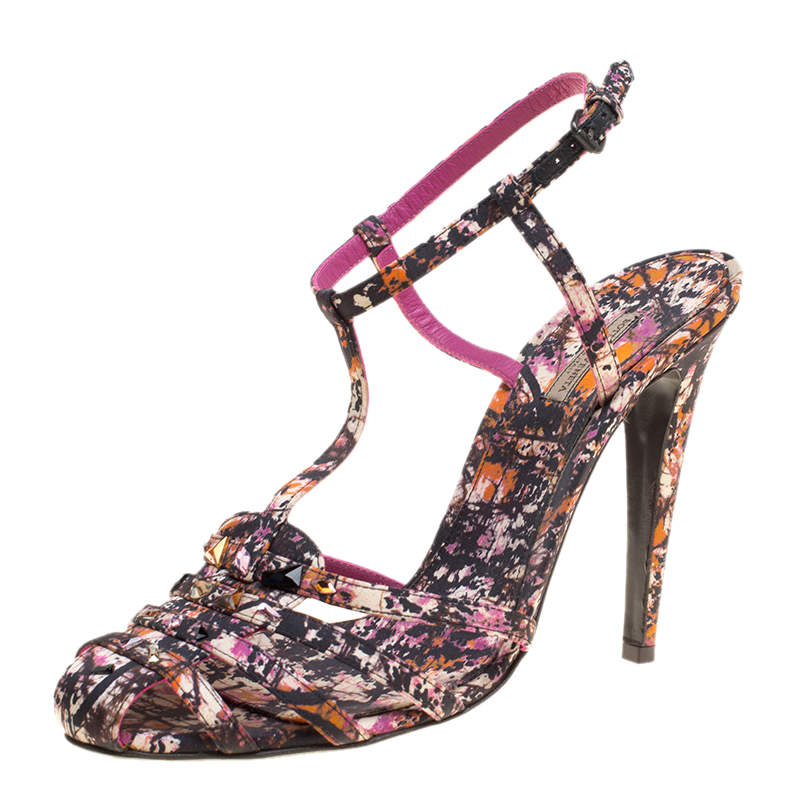 Pre Owned Bottega Veneta Corniola Topaz Pollock Print Silk Sandals Size 40