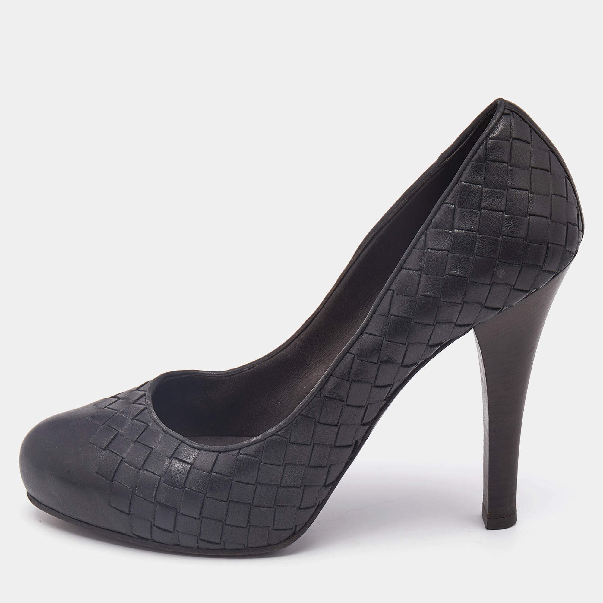 Bottega Veneta Black Leather Intrecciato Detail Platform Pumps Size 39.5