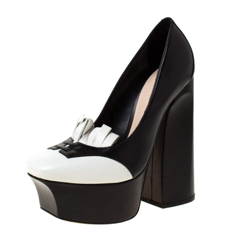 Pre Owned Bottega Veneta Black/White Leather Frill Detail Platform Block Heel Pumps Size 37
