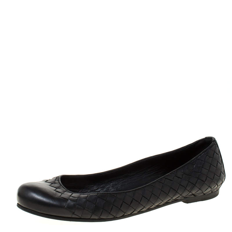 Pre Owned Bottega Veneta Black Intrecciato Leather Ballet Flats Size 38