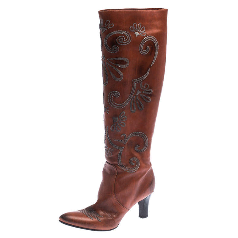 Bottega Veneta Cognac Embroidered Leather Knee Length Boots Size 39
