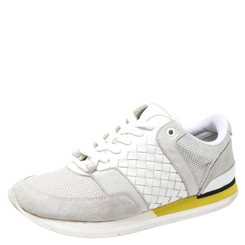 Pre Owned Bottega Veneta White Intrecciato Leather, Mesh and Suede Lace Up Sneakers Size 39.5