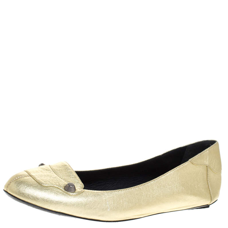 Pre Owned Bottega Veneta Gold Leather Studded Ballet Flats Size 38.5