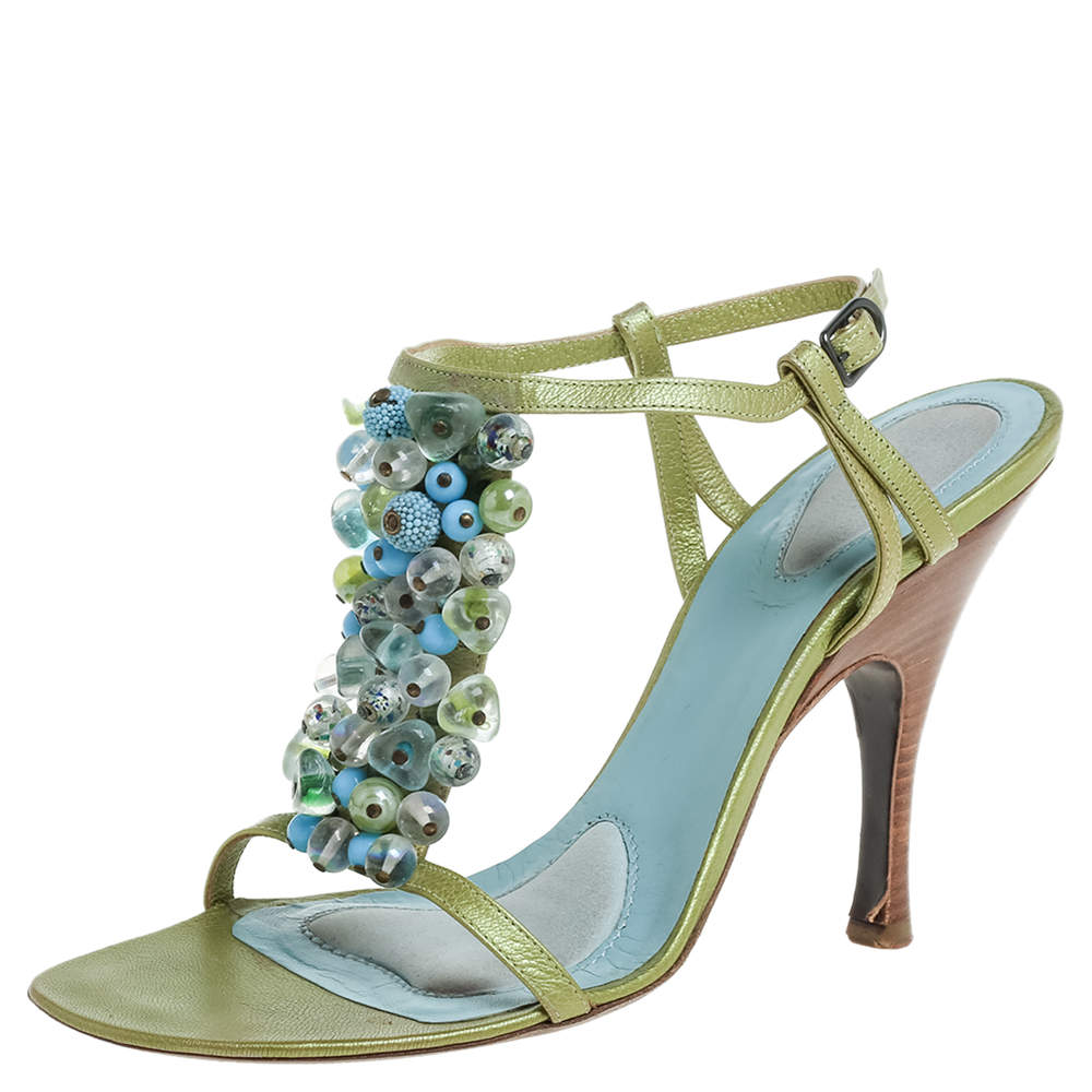 مملوكة مسبقًا Bottega Veneta Green/Blue Leather Faux Pearls Embellished Open Toe Ankle Strap Sandals Size 38.5