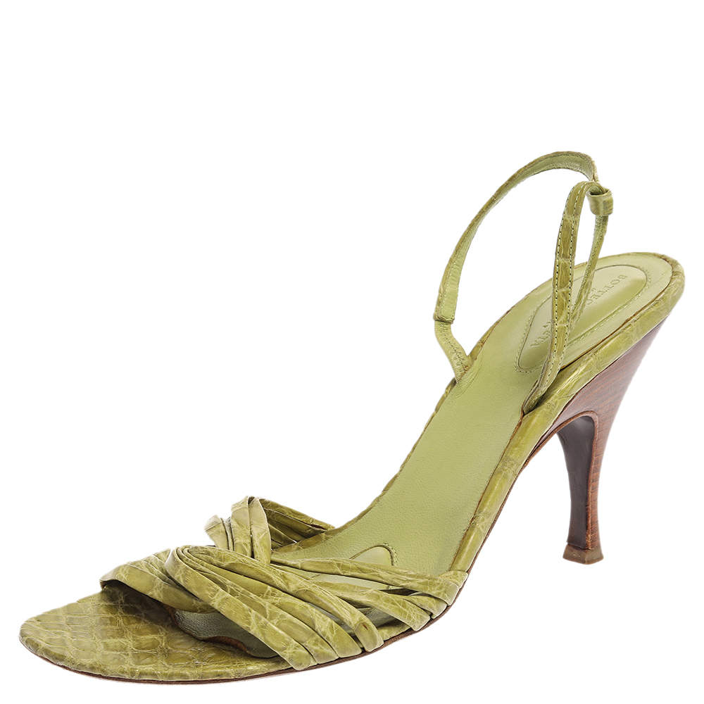 Pre Owned صندل بوتيغا فينيتا سيور مقدمة مفتوحة فتحة كعب جلد نقشة التمساح أخضر ليموني مقاس 40.5