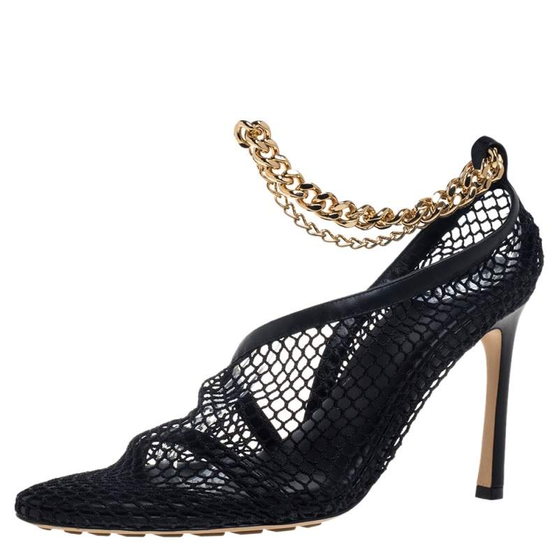 Bottega Veneta Black Mesh And Leather Trims Chain Embellished Ankle Cuff Pumps Size 38.5