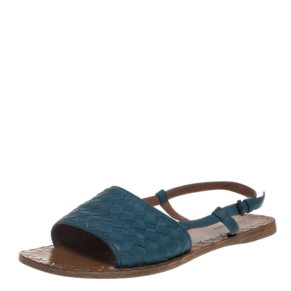 Pre Owned Bottega Veneta Blue Intrecciato Leather Slingback Open Toe Flat Sandals Size 38.5