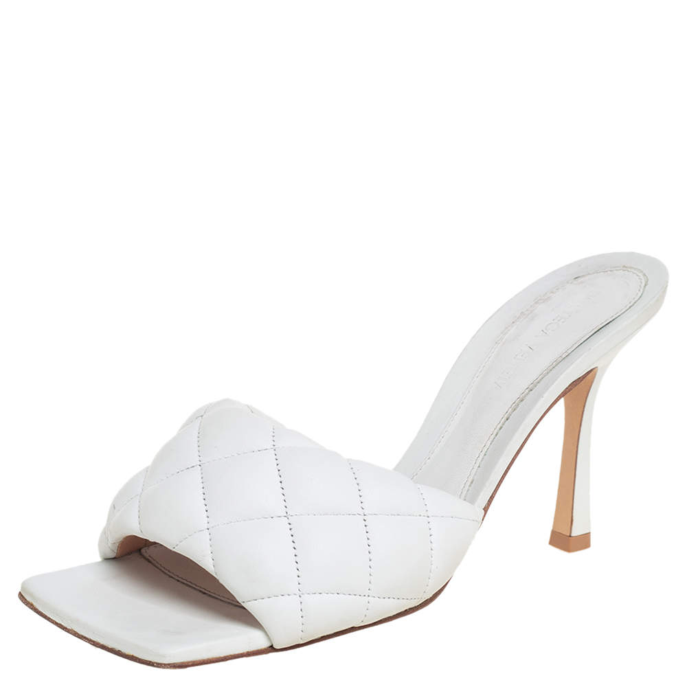 Bottega Veneta White Leather BV Lido Slide Sandals Size 38 