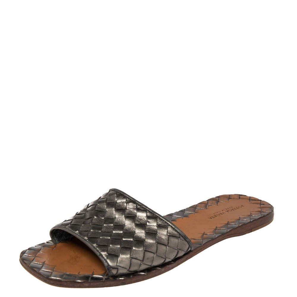 Bottega Veneta Metallic Grey Intrecciato Leather Flat Slide Sandals Size 36