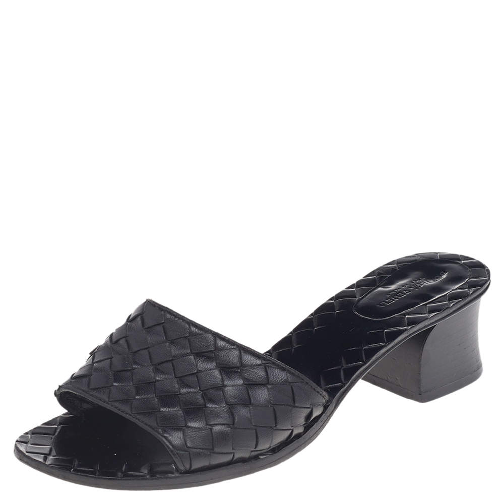 Bottega Veneta Black Intrecciato Leather Ravello Slide Sandals Size 36.5