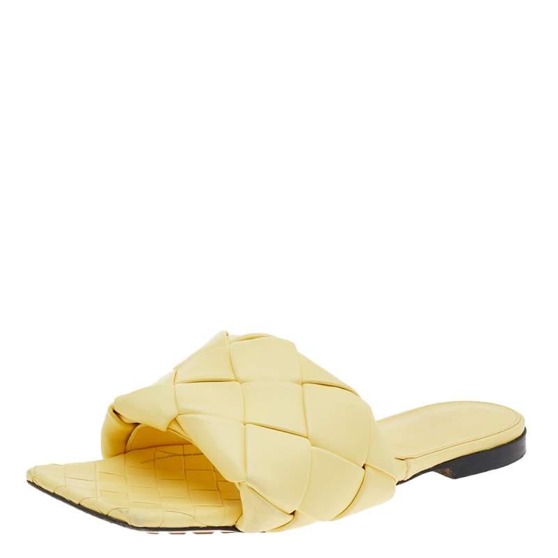 Bottega Veneta Yellow Leather Lido Flat Slides Sandals Size 38.5
