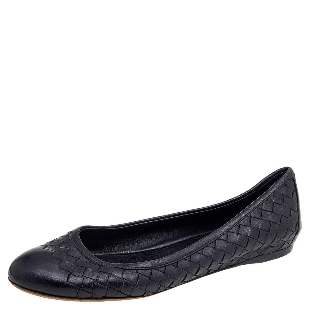 Pre Owned Bottega Veneta Black Intrecciato Leather Ballet Flats Size 37