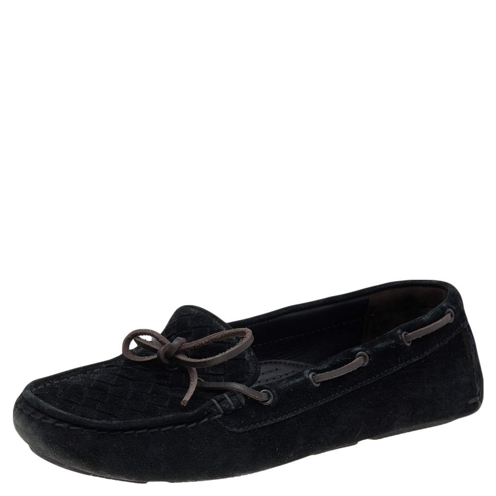Bottega Veneta Black Intrecciato Suede Bow Slip On Loafers Size 38.5
