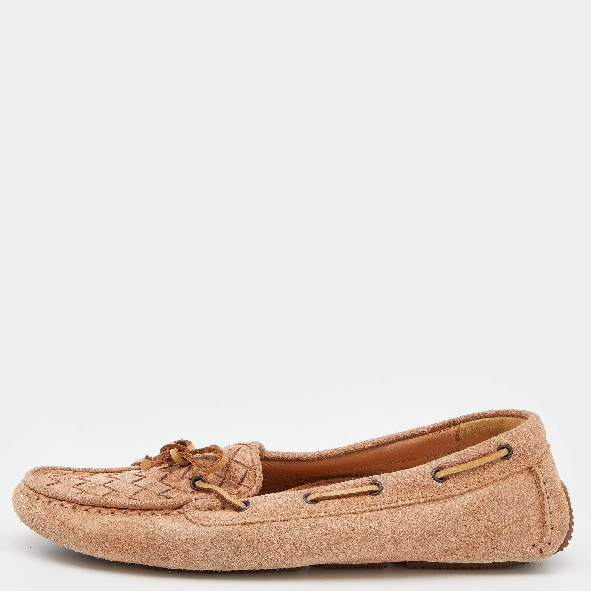 Bottega Veneta Beige Intrecciato Suede Bow Slip On Loafers Size 37