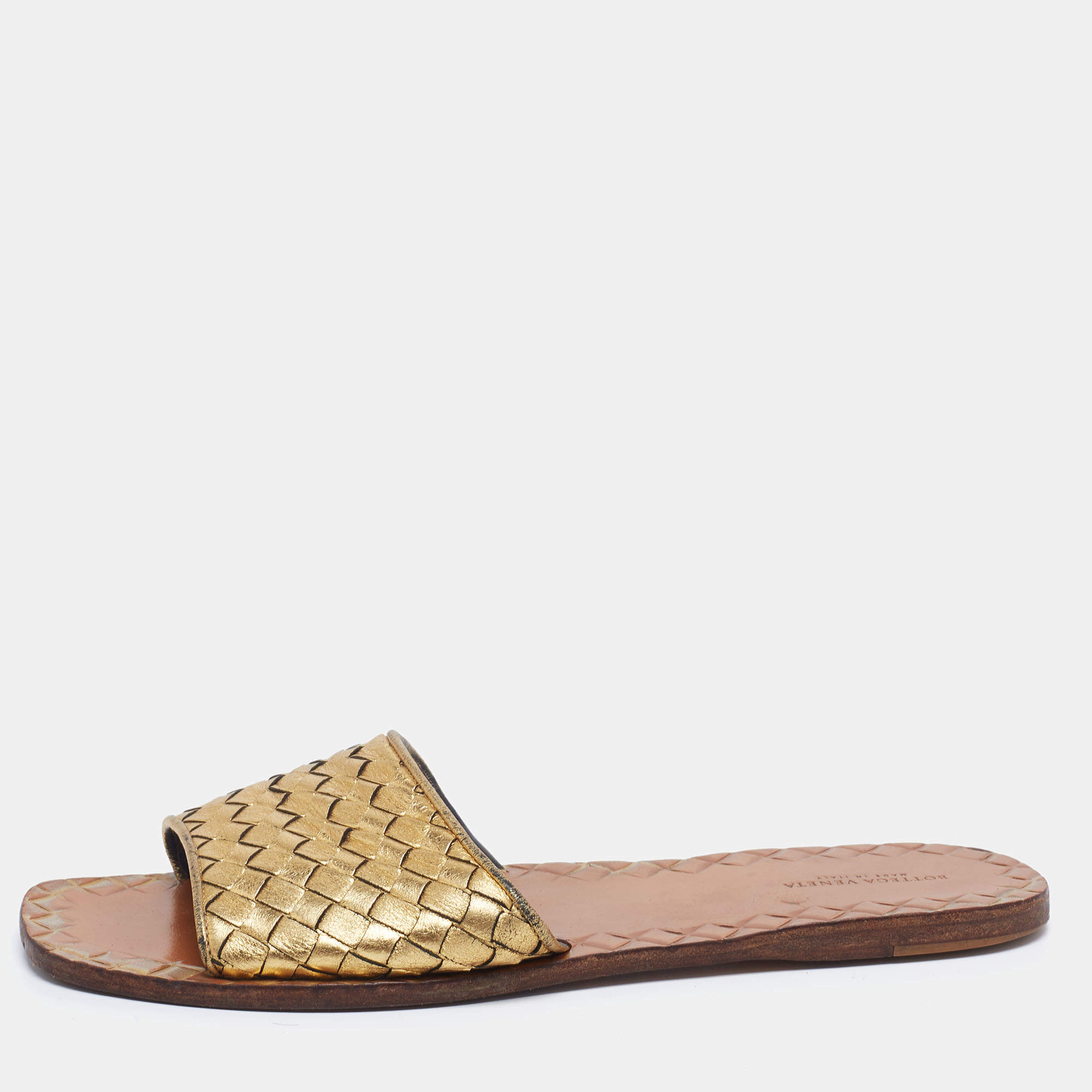 Bottega Veneta Gold Intrecciato Leather Flat Slides Size 40.5