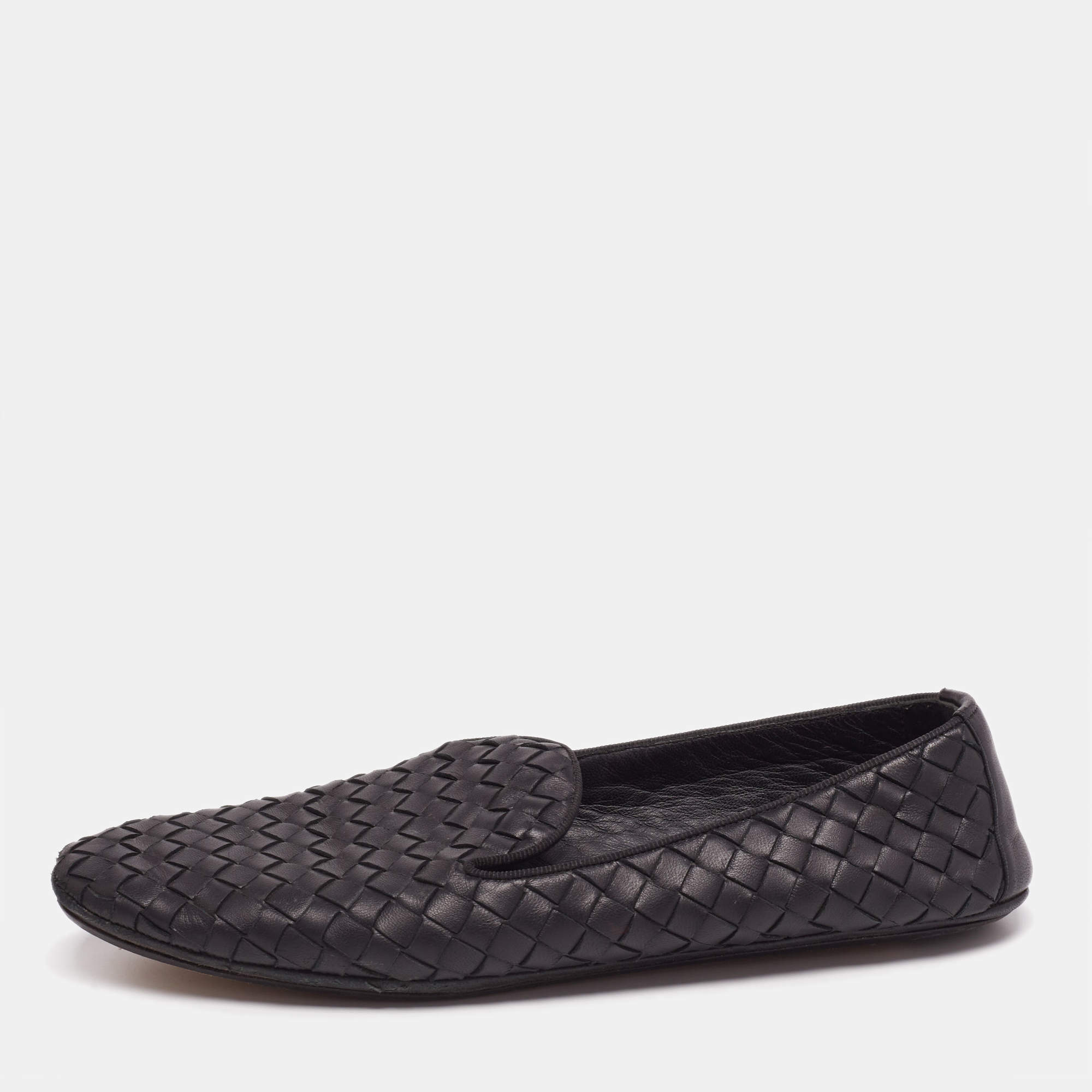 Pre Owned Bottega Veneta Black Intrecciato Leather Smoking Slippers  Size 37