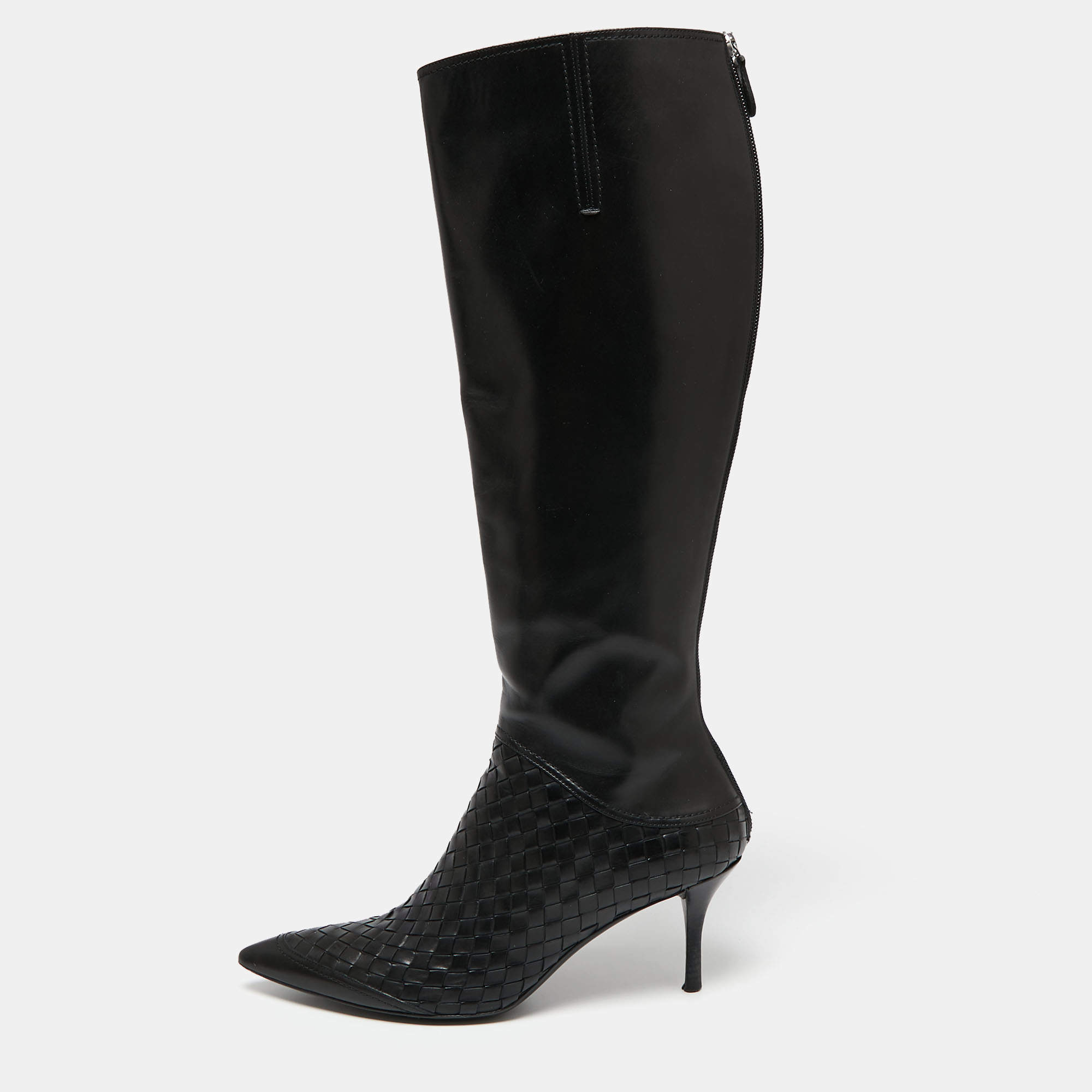 Pre Owned Bottega Veneta Black Leather Intrecciato Detail Knee High Boots Size 38