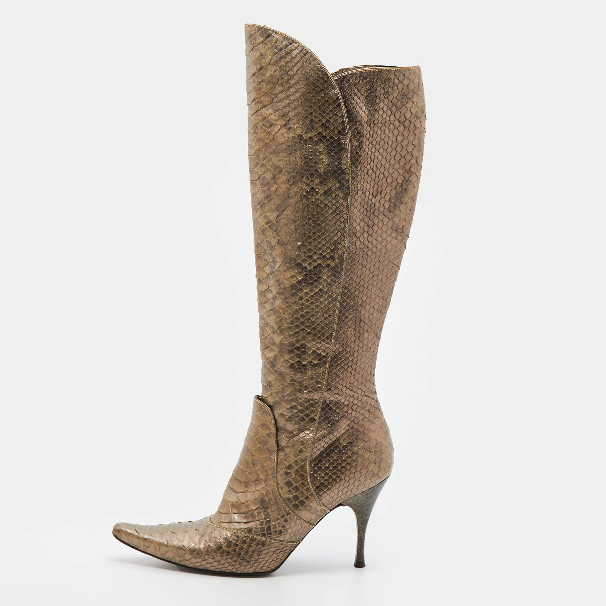 Bottega Veneta Metallic Two Tone Python Knee Length Boots Size 40.5